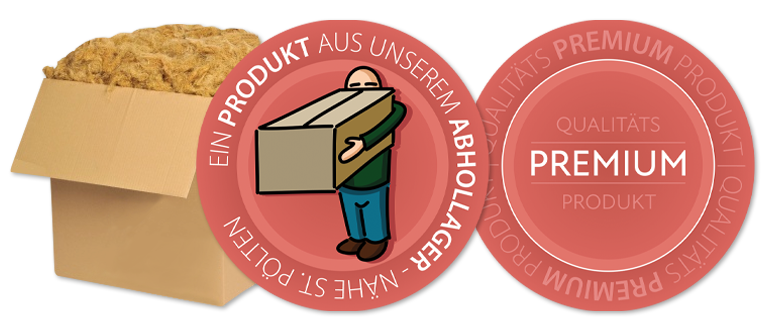 Bild von Stopfwolle in einem Karton mit zwei Icons: "Ein Produkt aus unserem Abhollager" und "Qualität Premium Produkt"
